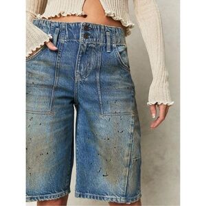 NWT Free People We The Free Extreme Measures Barrel Long Jean Shorts Blue 26